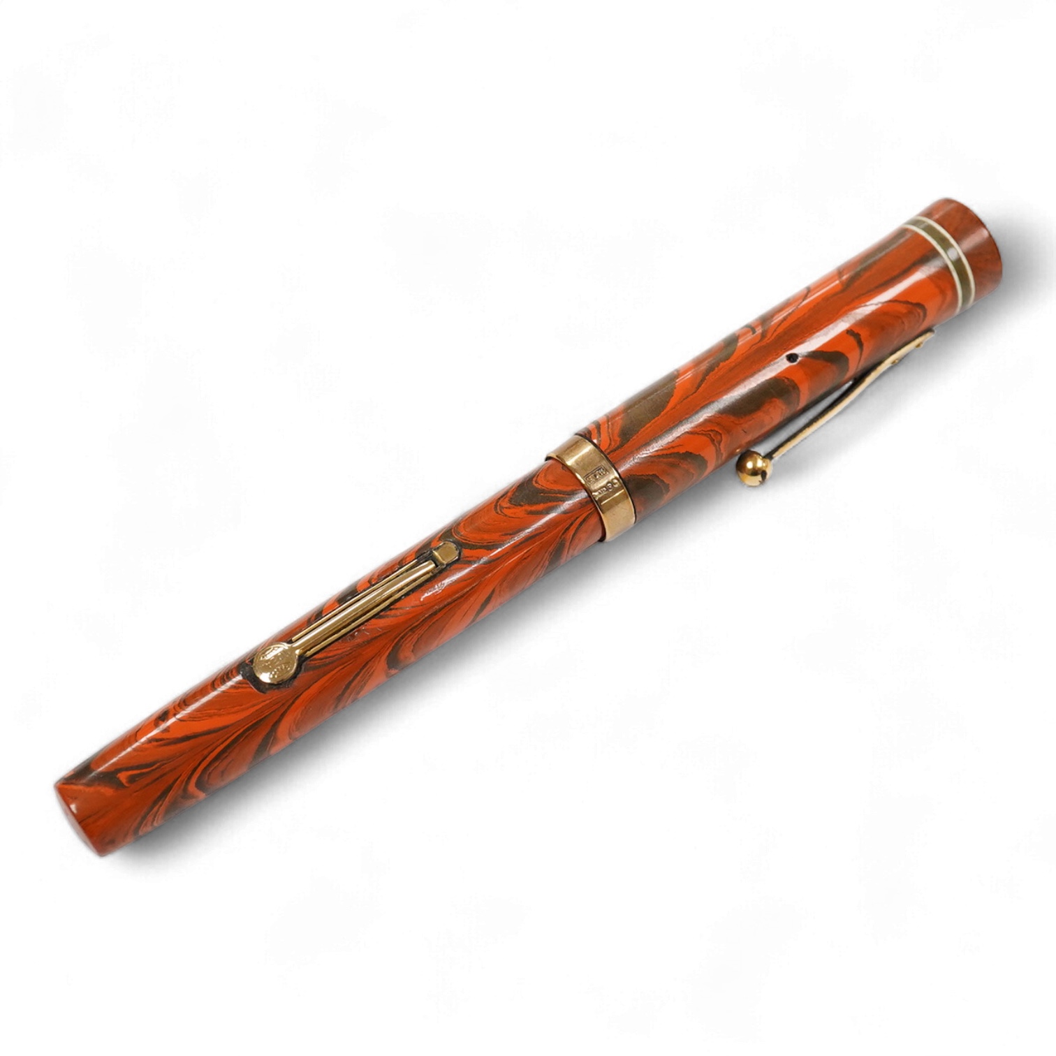 A Waterman Red Ripple No. 5 lever filler with green cap band and fitted with No. 5 Waterman nib